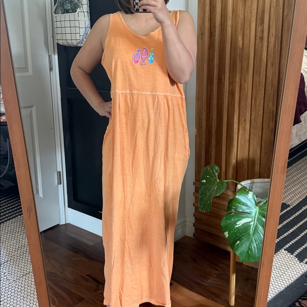 VINTAGE Fresh Produce Maxi 100% Cotton Dress Fish Print. L/XL